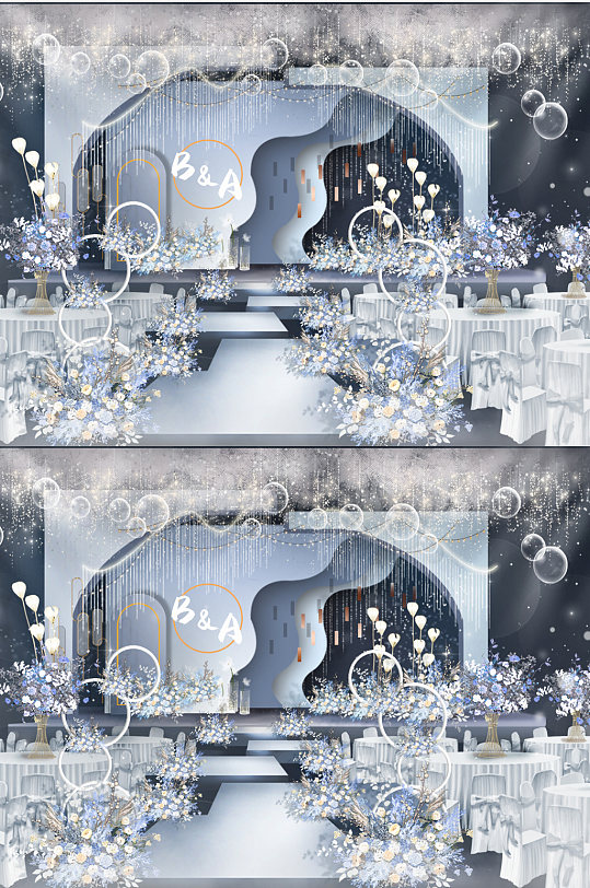 蓝色大理石清新现代舞台婚礼布置效果图