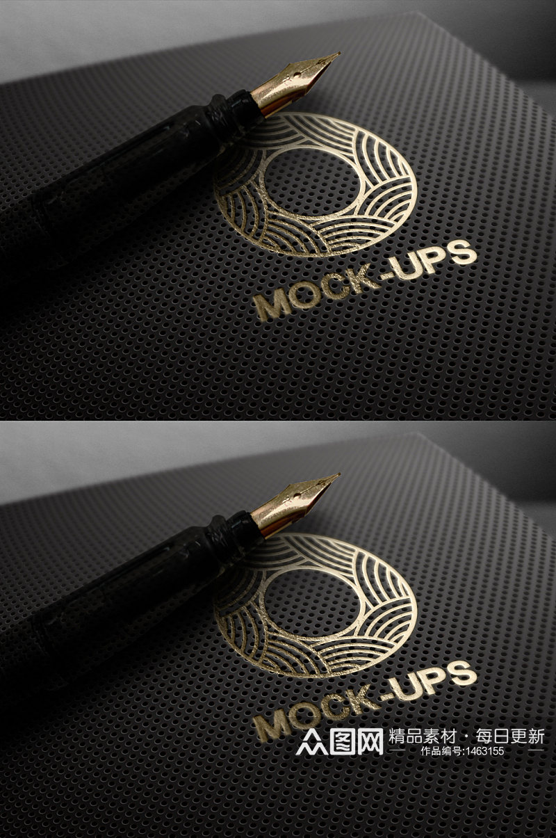 黑色渐变钢板钢笔烫金字logo标志样机素材