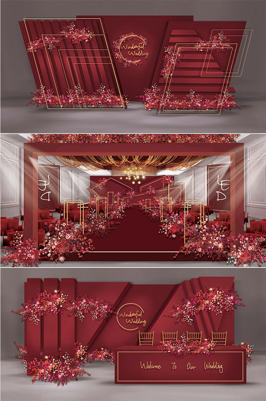 寿宴 现代喜庆几何空间红色婚礼效果图-众图网