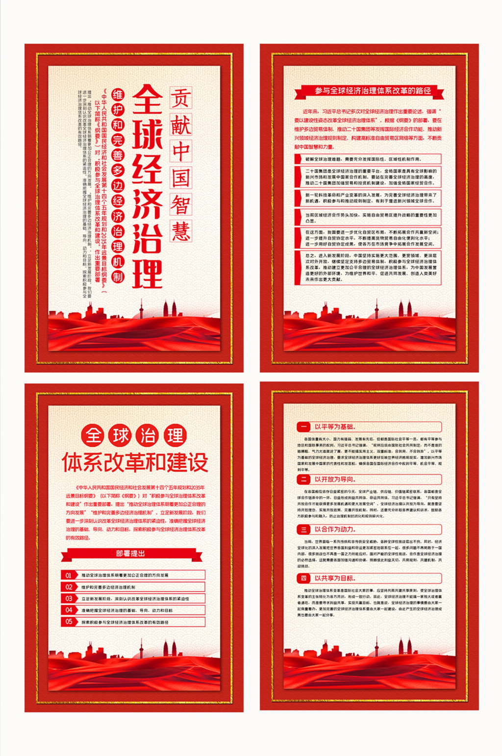 红色全球经济治理四件套挂图素材