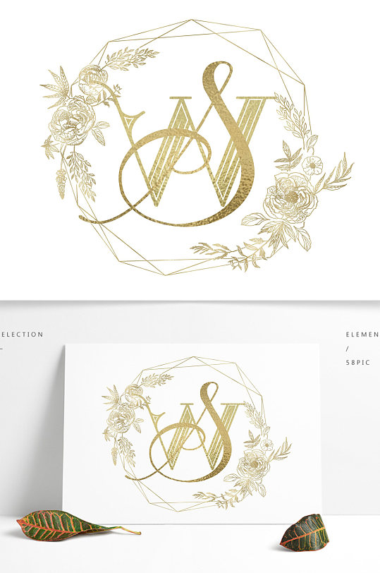 唯美花纹欧式字母WS婚礼logo设计矢量