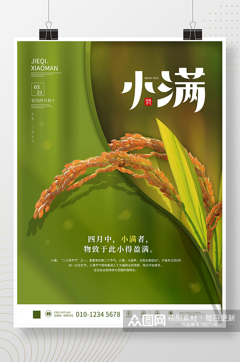 小清新绿色摄影图小满稻谷稻穗节气海报素材