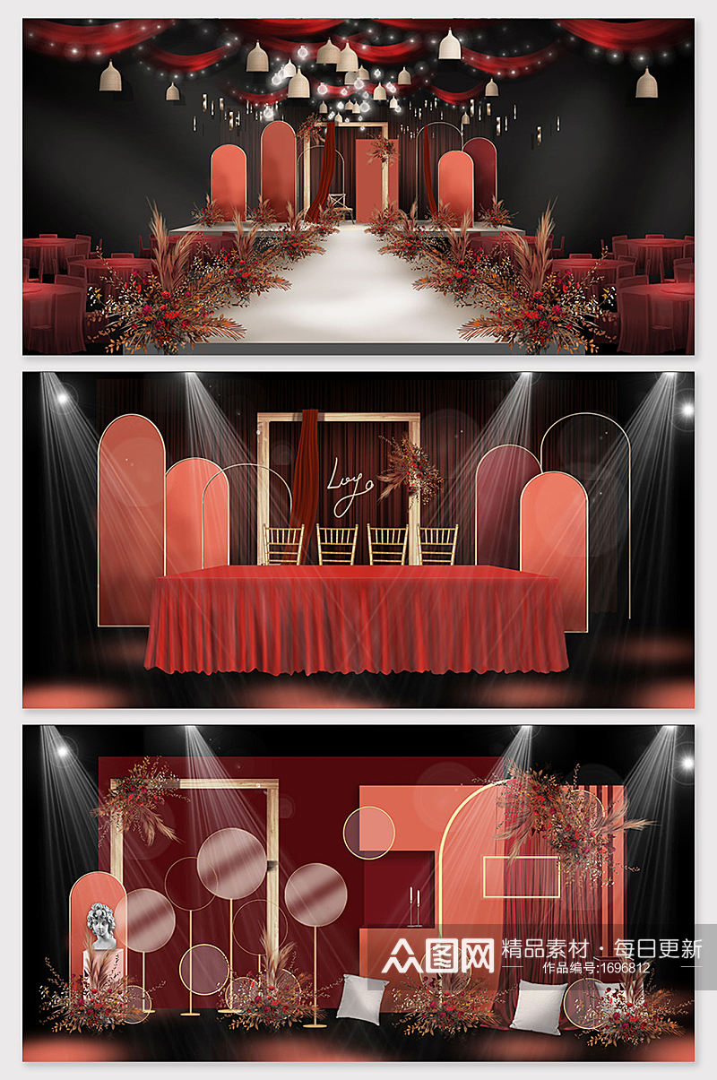 复古红色喜庆风中式婚礼主场效果图素材