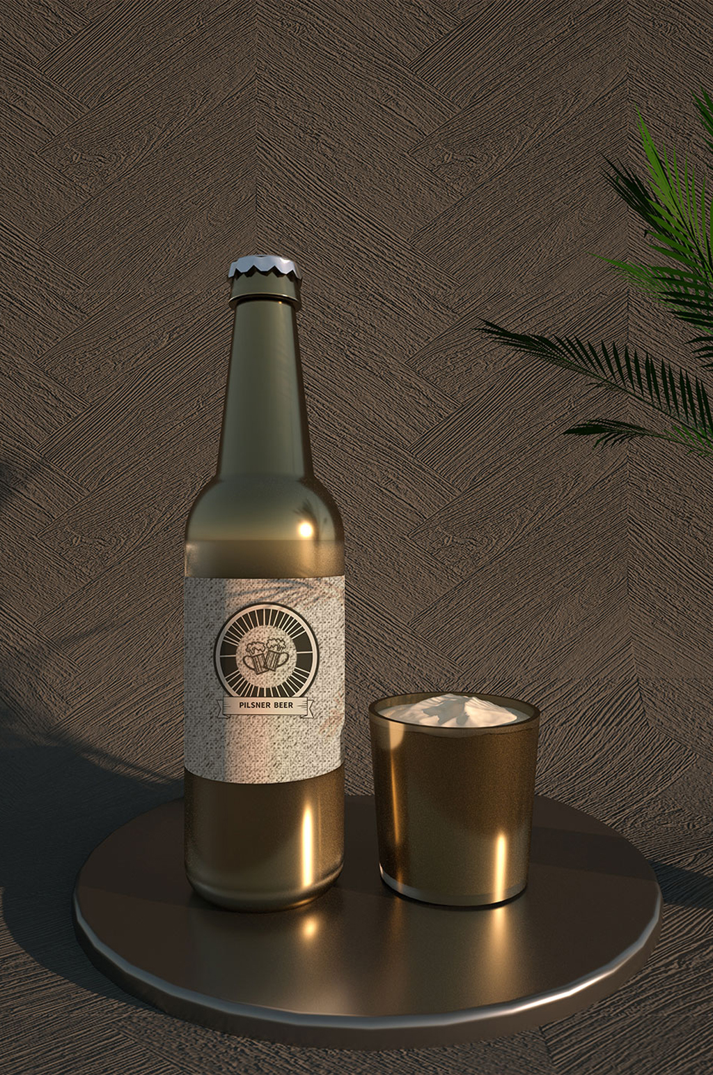 原创3d啤酒带酒瓶包装场景样机素材