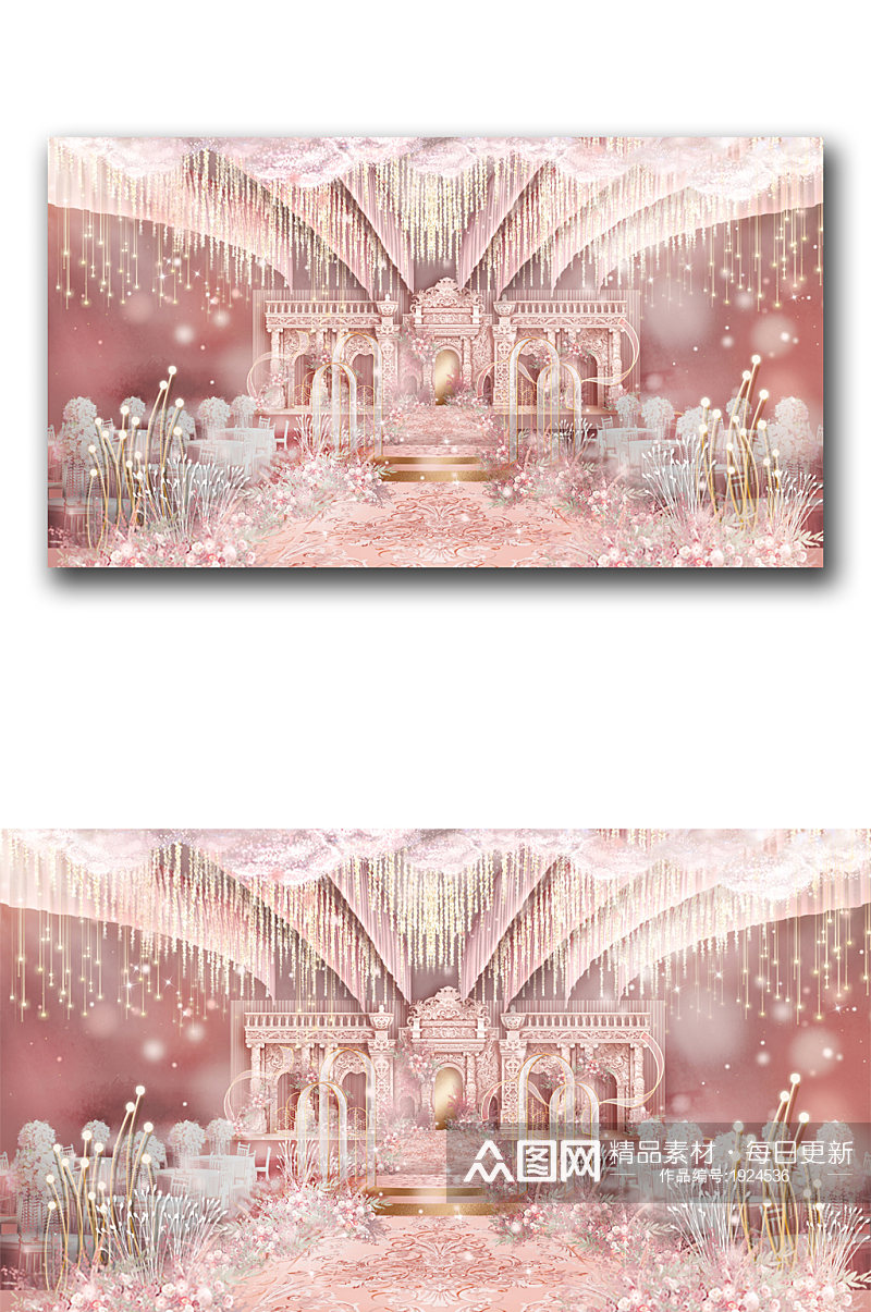 粉色欧式花纹城堡婚礼效果图素材