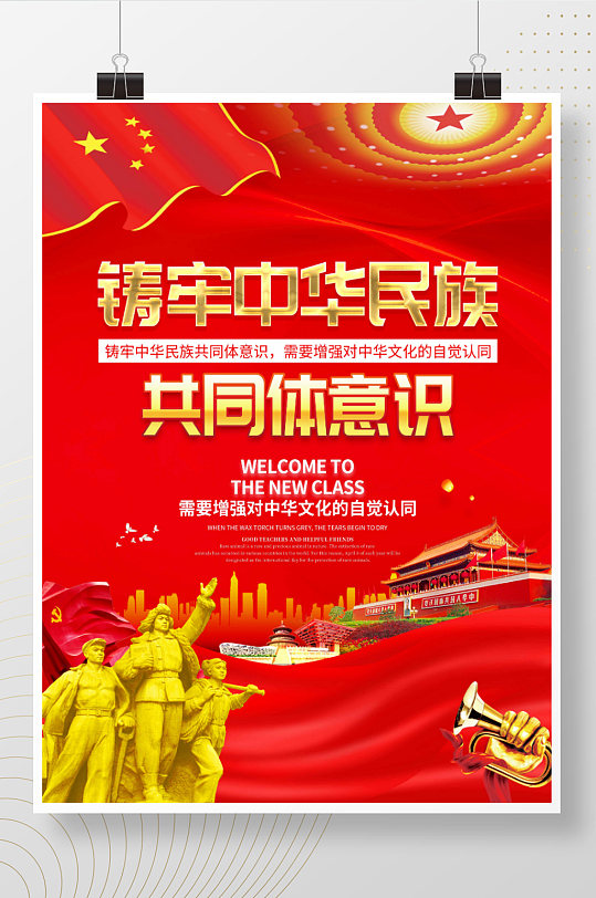 红色简约铸牢中华民族共同体意识展板海报