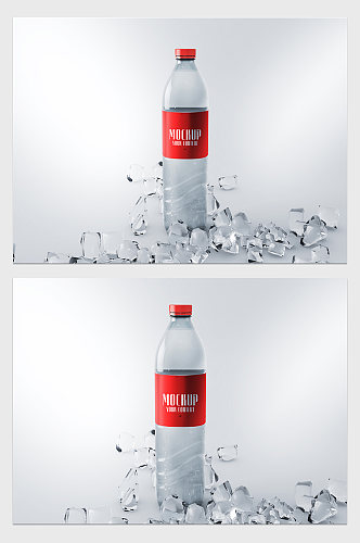 红色瓶装矿泉水冰块包装设计展示样机