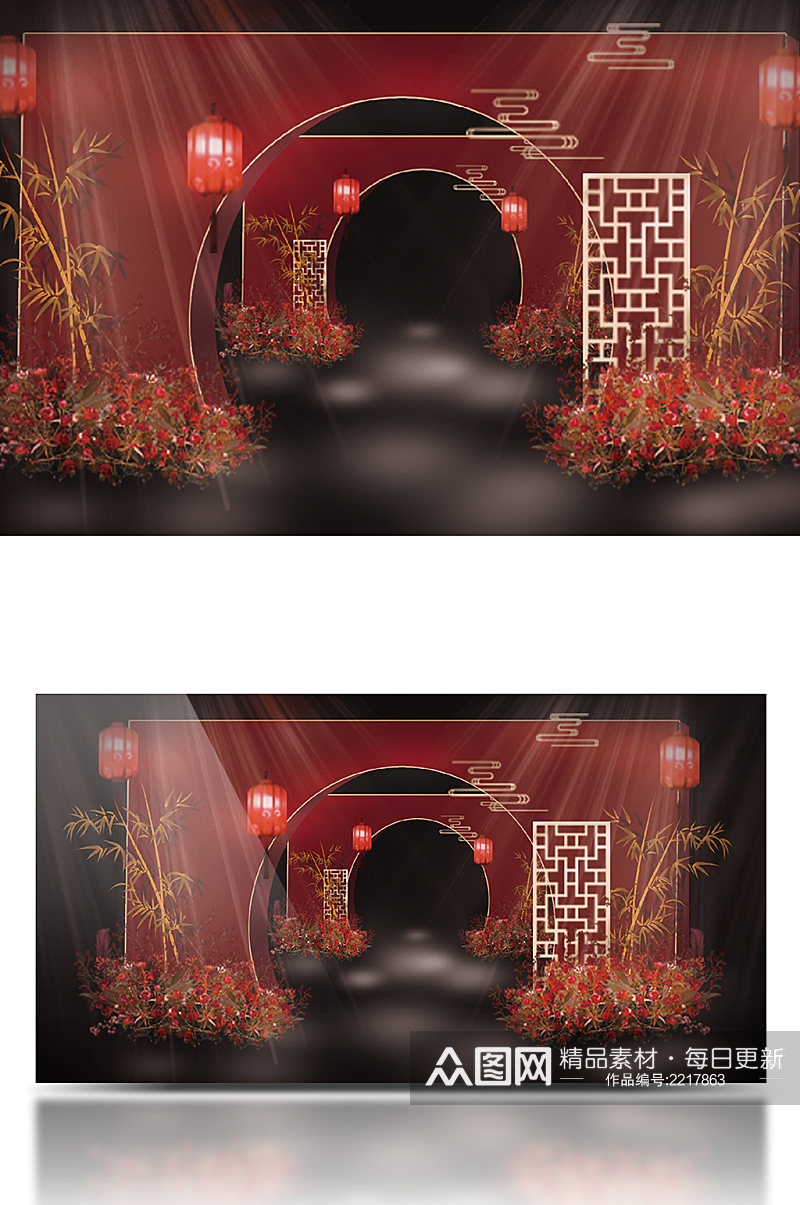 原创中式婚礼通道走廊红灯笼效果图素材