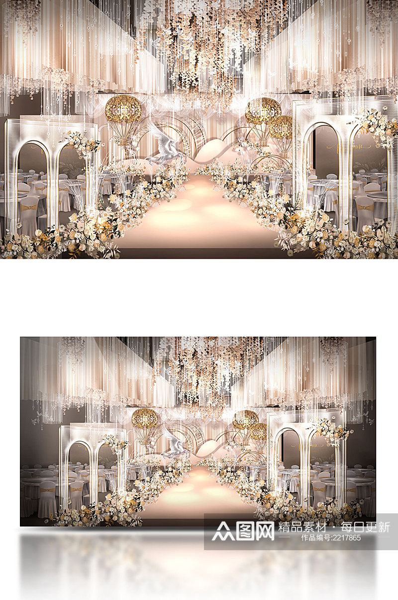 原香槟色舞台浪漫吊顶拱门飞马婚礼效果图素材