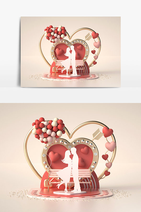 红色简约七夕创意模型C4D场景-众图网