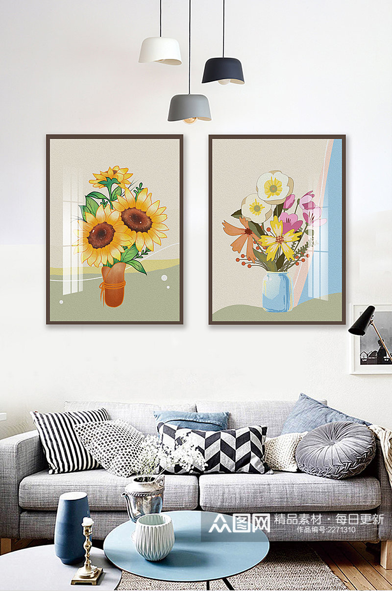 手绘油画向日葵花卉小清新客厅装饰画素材
