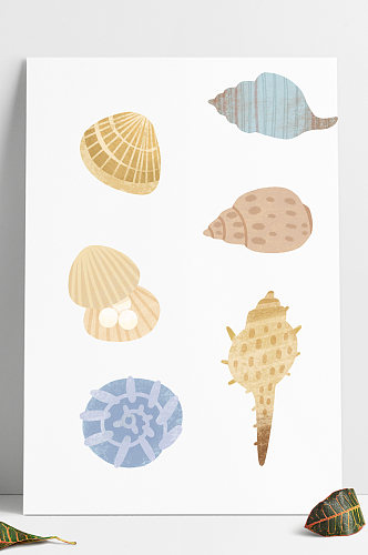 手绘扁平简洁插画贝壳海螺珍珠蛤蜊免扣素材