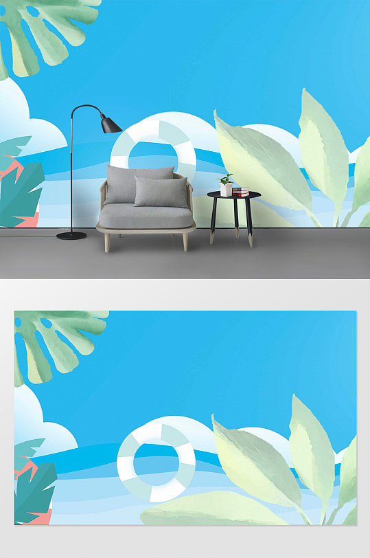 热带植物插画风格背景墙