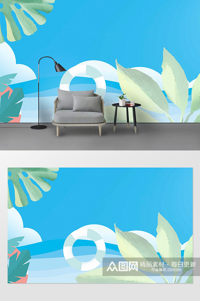 热带植物插画风格背景墙素材