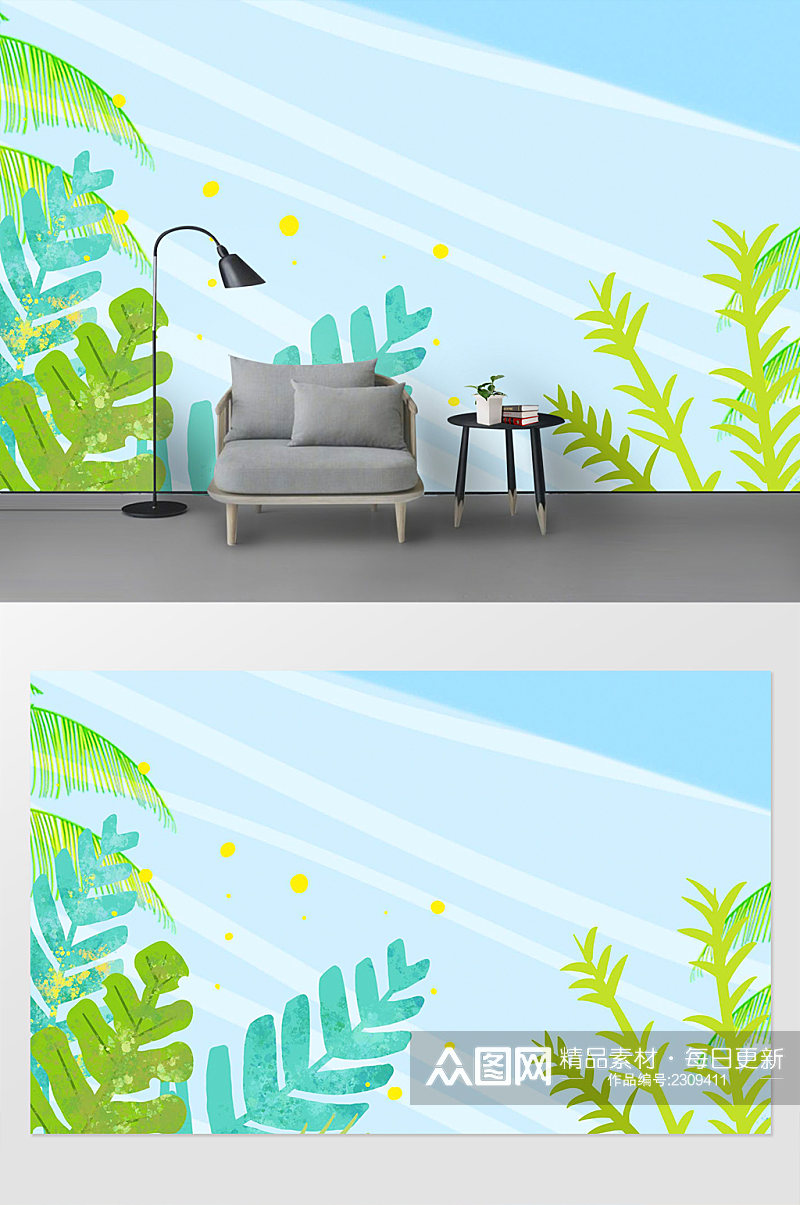 热带植物插画植物风格背景墙素材