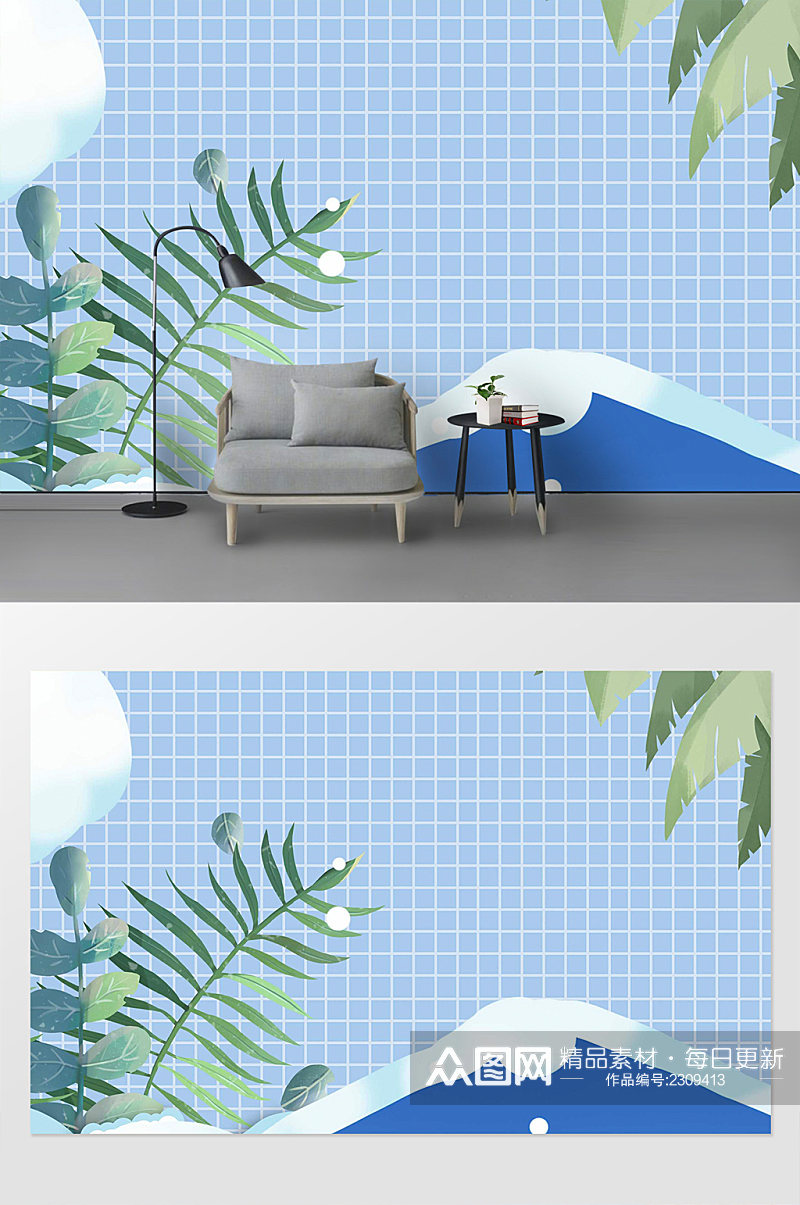 夏季植物风格蓝色背景墙素材