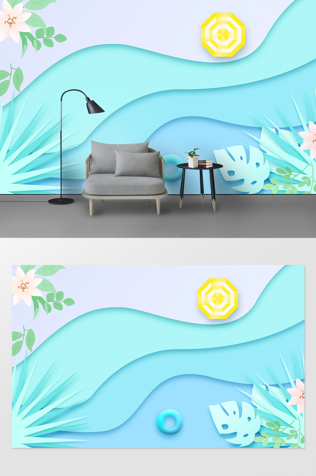 夏季植物剪紙風(fēng)墻紙背景墻素材