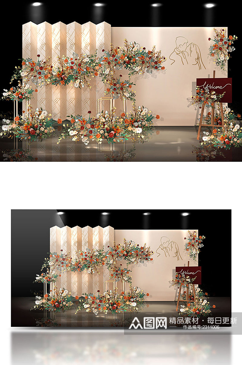 原创手绘香槟色婚礼迎宾区展示区效果图素材