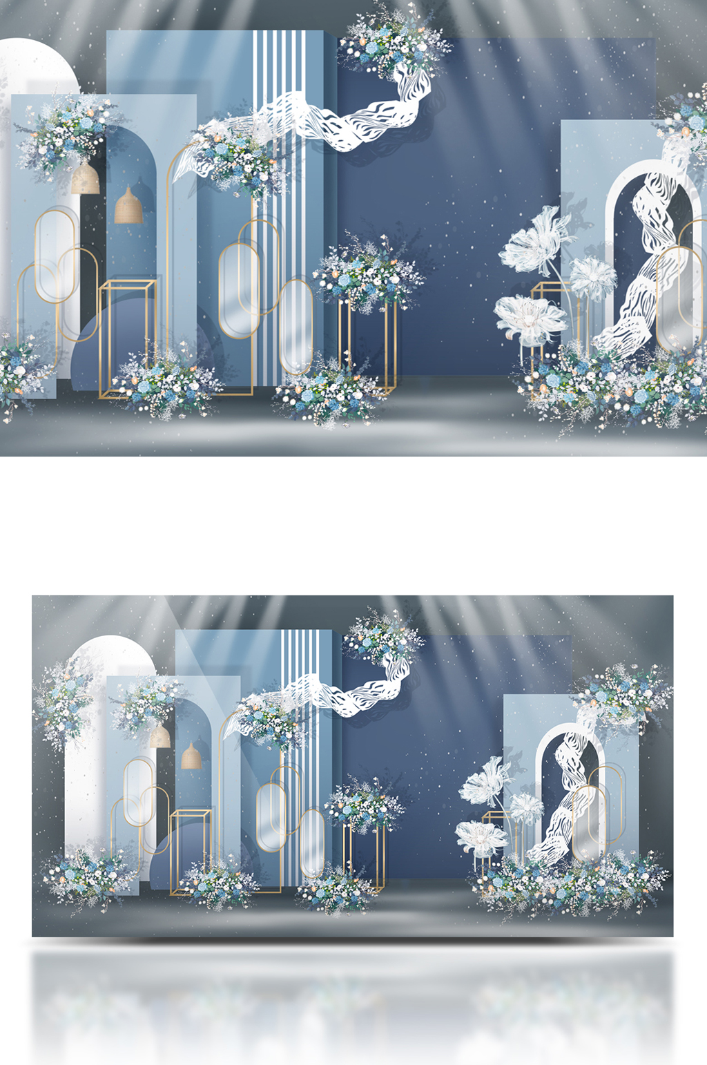 藍色婚禮效果圖留影區(qū)簡約小預算背景素材