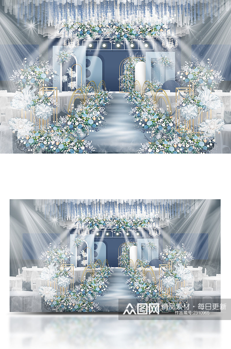 蓝色婚礼效果图舞台吊顶背景设计图素材