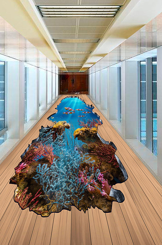 海洋3D立体小丑鱼海底3D木纹地板画