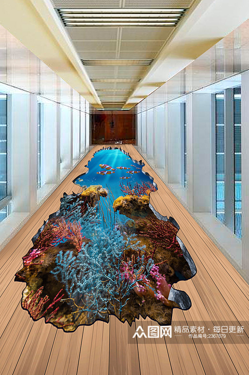 海洋3D立体小丑鱼海底3D木纹地板画素材