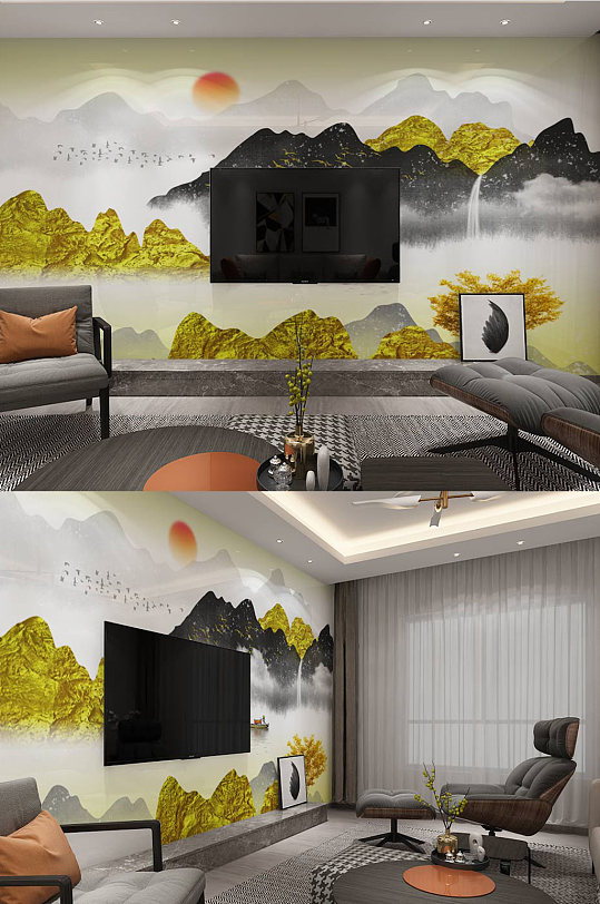 新中式意境金箔山水客厅电视背景墙-众图网