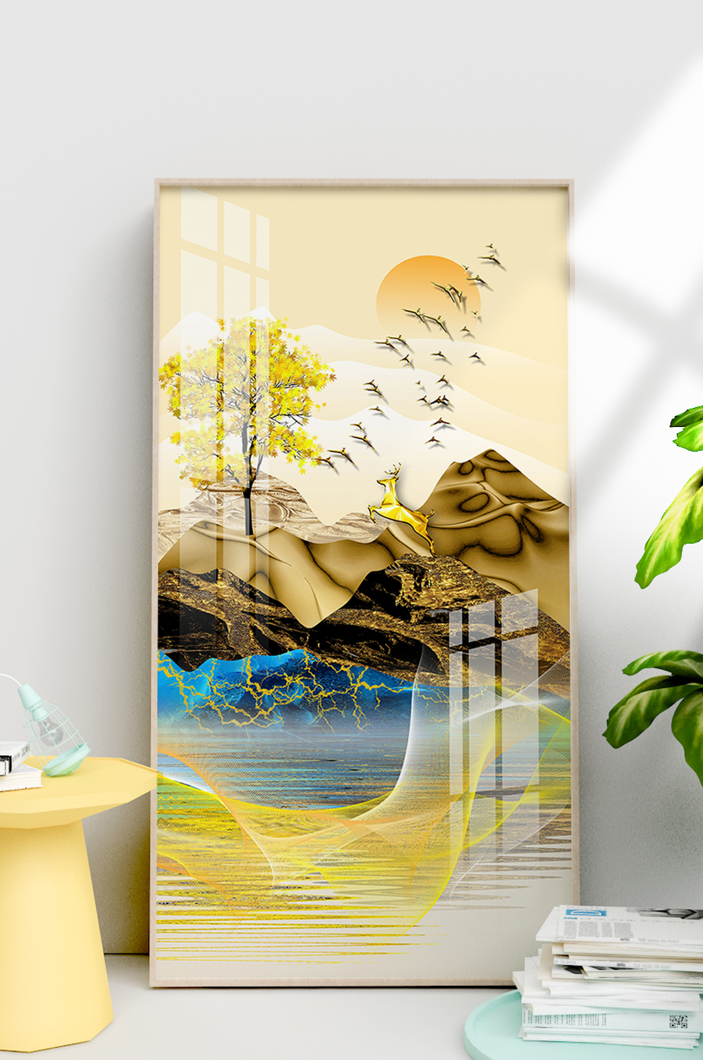 原创手绘新中式意境山水麋鹿发财树瓷晶装饰素材
