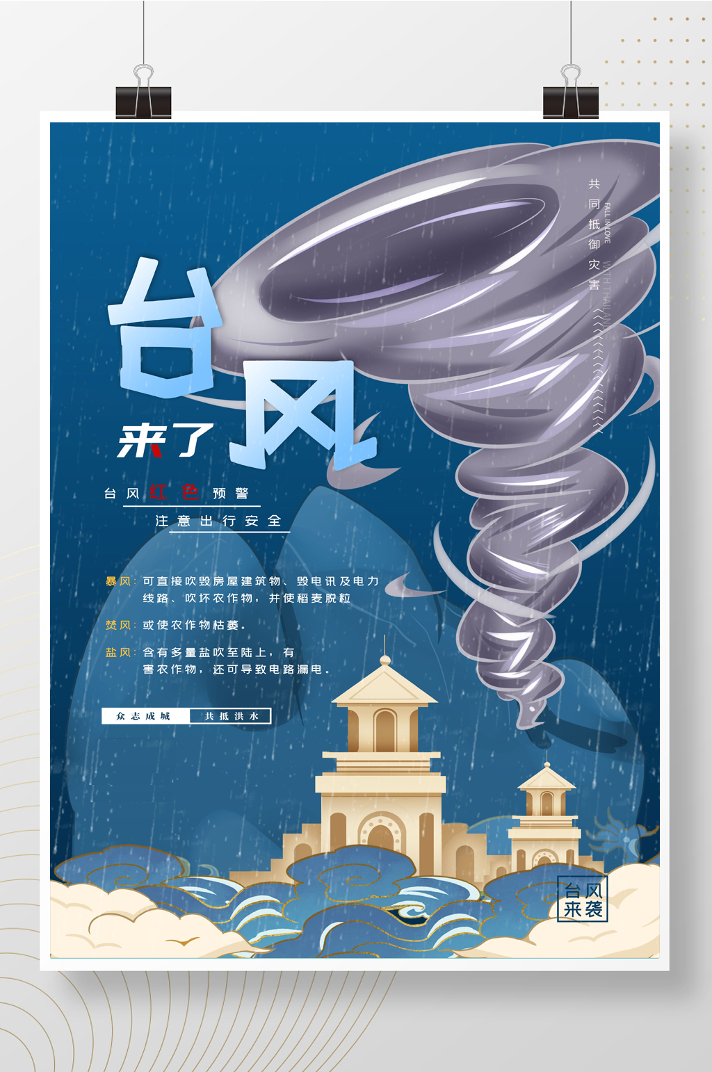 蓝色卡通手绘台风来了预警海报素材