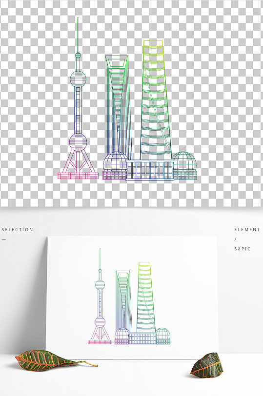 上海城市地标建筑矢量线性手绘元素