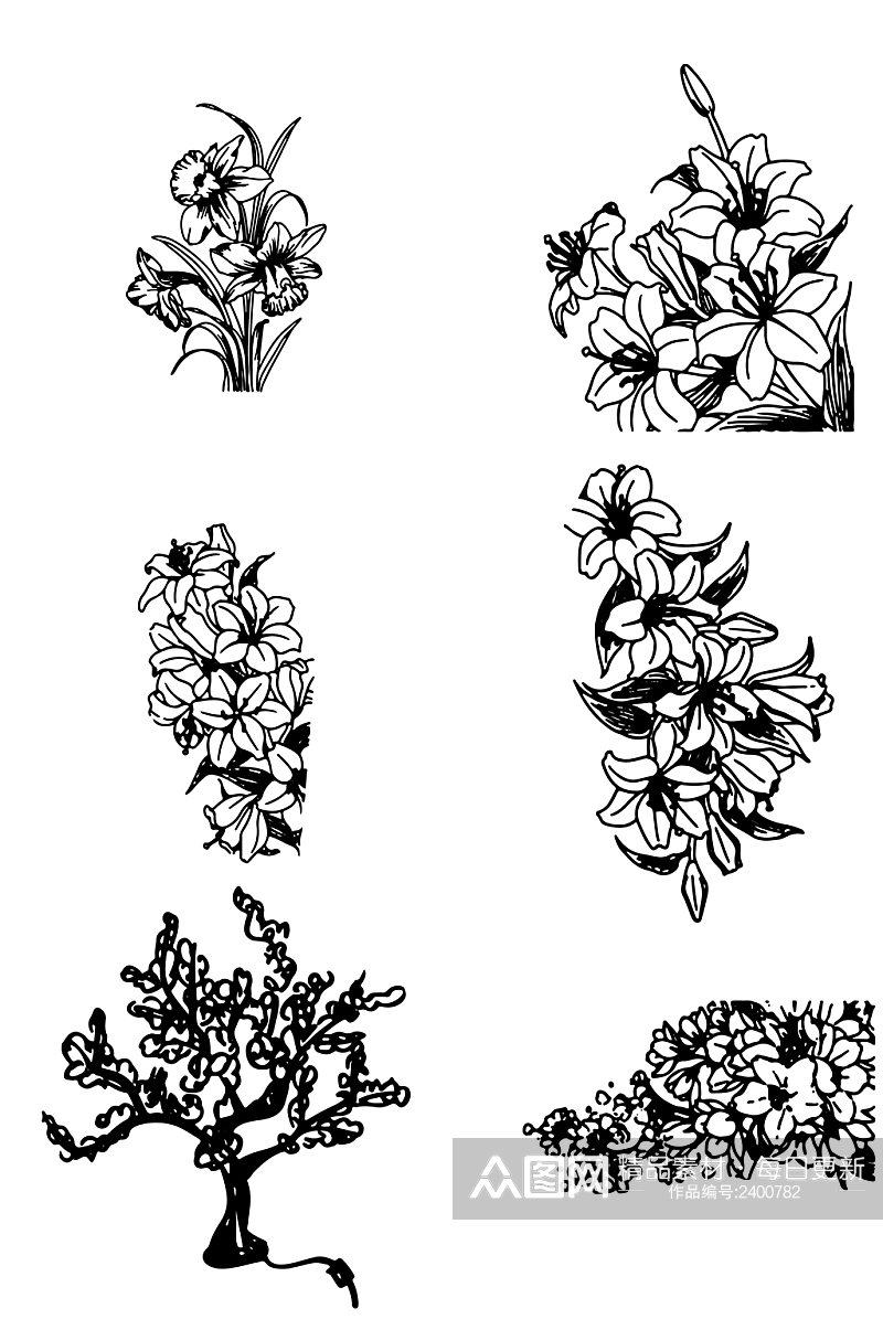 植物花朵树木矢量线条线稿图案装饰设计元素素材