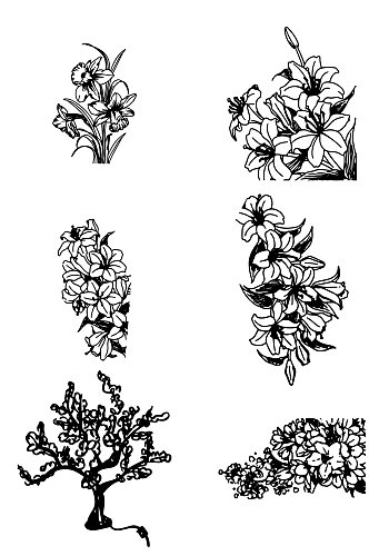 植物花朵树木矢量线条线稿图案装饰设计元素
