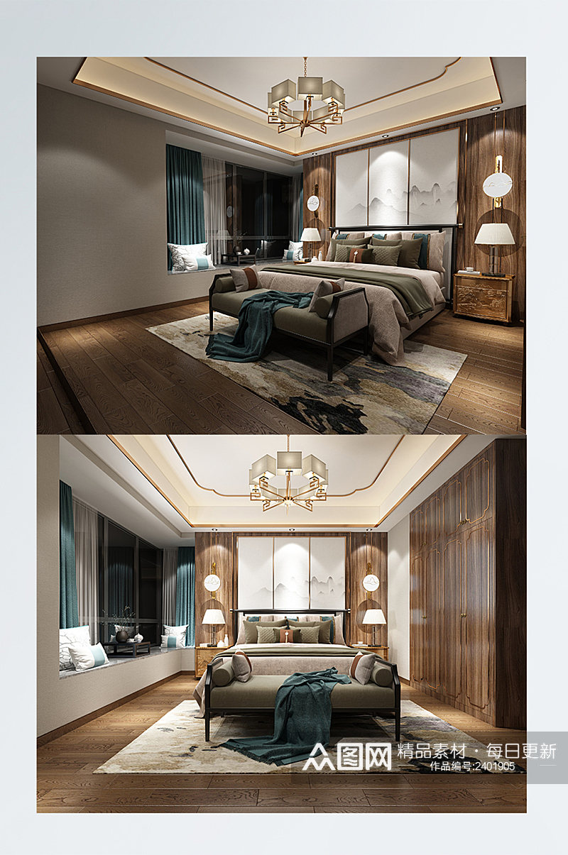 家装新中式卧室效果图素材