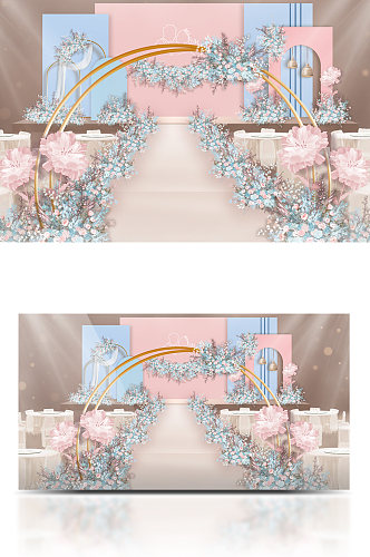 粉色蓝色小清新粉蓝撞色系婚礼效果图
