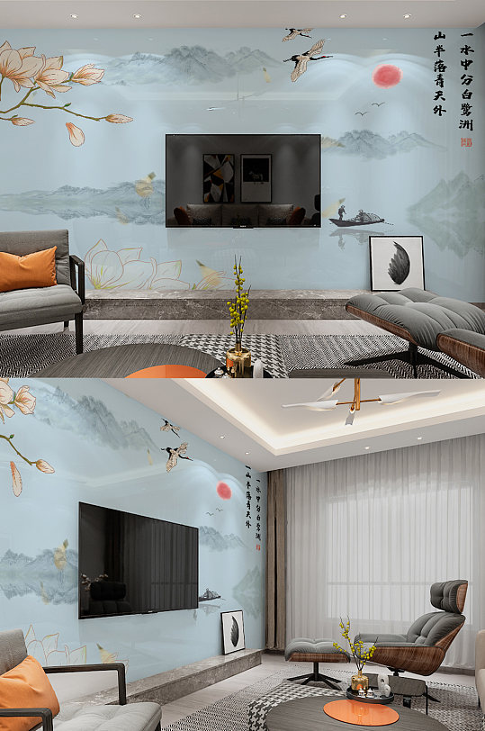 新中式中国风意境山水画电视背景墙-众图网