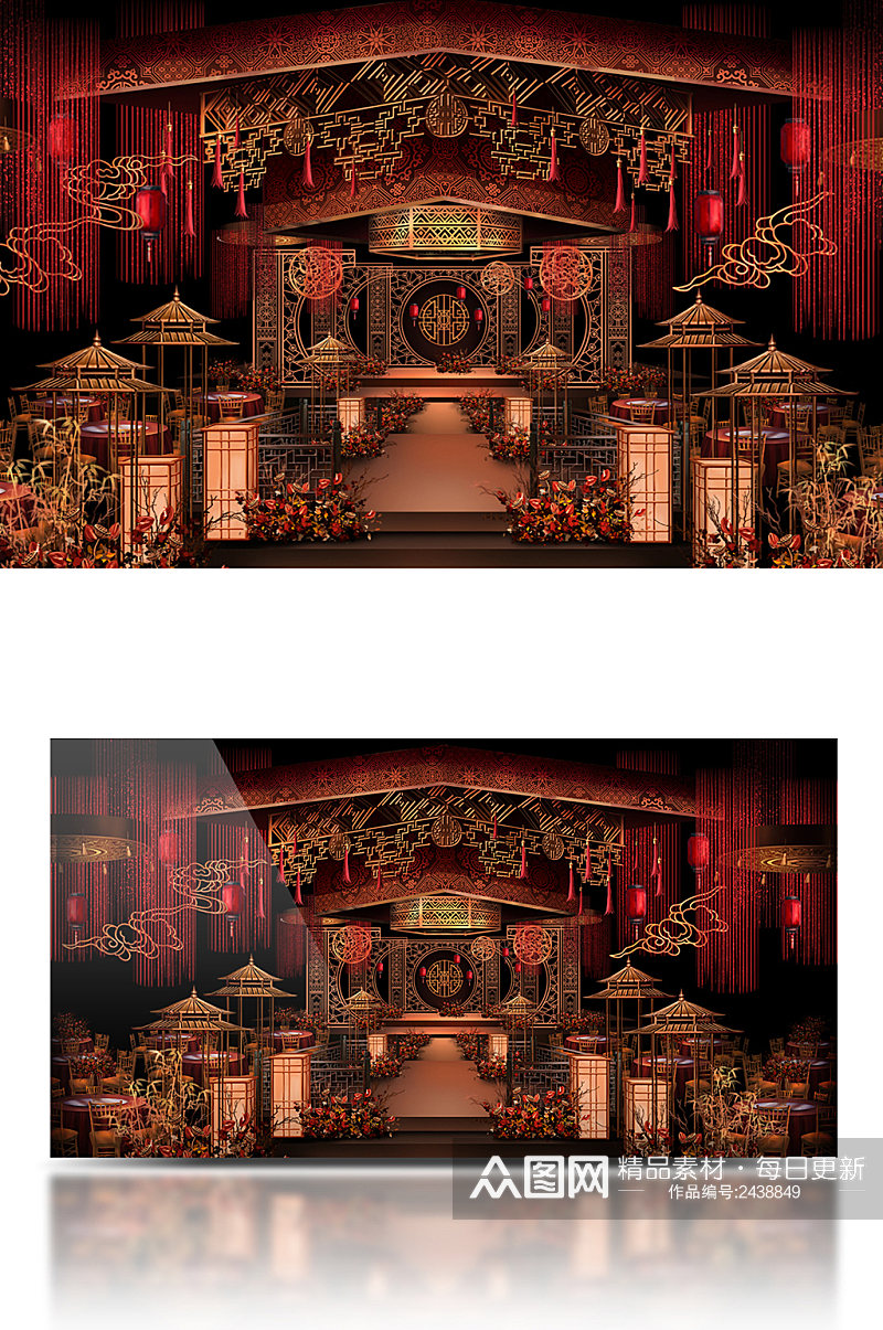 原创红色新中式汉唐婚礼效果图舞台区屏风素材