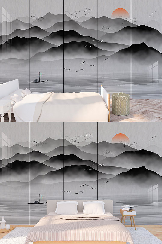 原创新中式手绘意境水墨山水背景墙-众图网