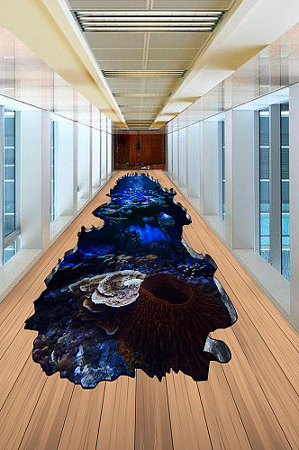 蓝色3D立体海洋世界鱼群3D地板画