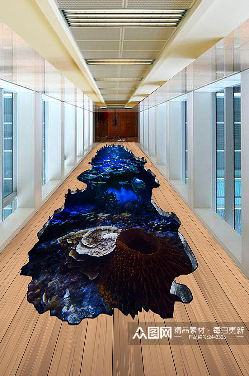 蓝色3D立体海洋世界鱼群3D地板画素材