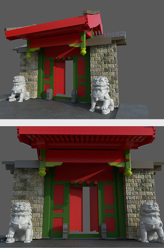 石狮子雕塑中式大门模型-众图网