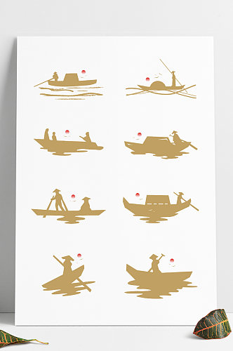 中式渔夫渔船飞鸟中国风古典意境装饰元素