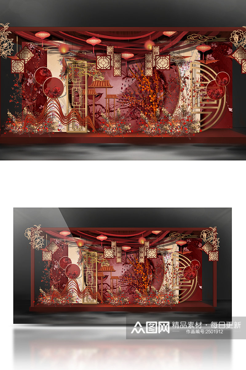 红色江南风中式婚礼效果图素材