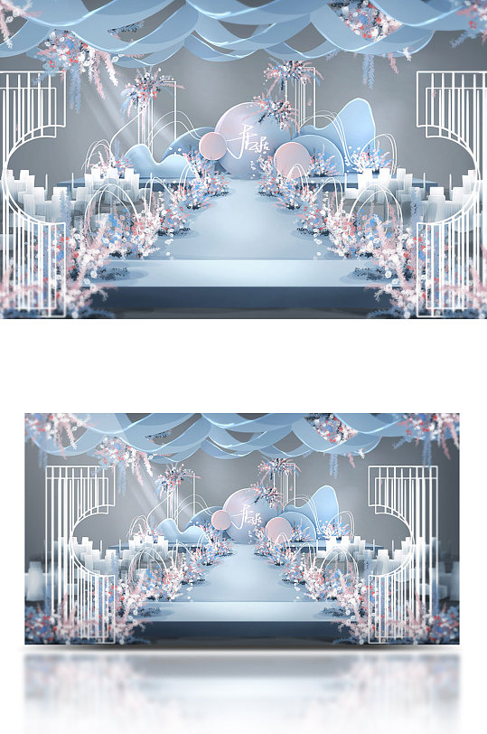 小清新蓝粉新中式婚礼效果图-众图网