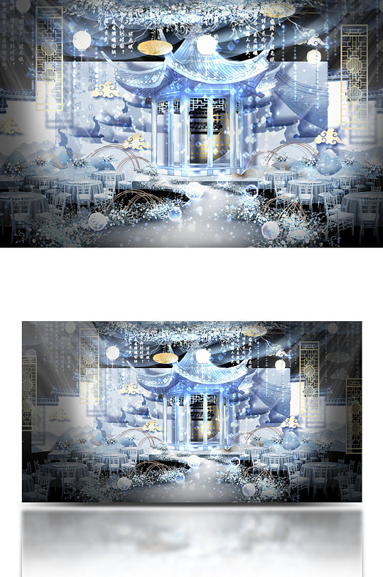 蓝色新中式江南水晶花亭婚礼效果图-众图网