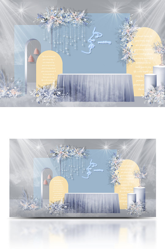 原创蓝黄色婚礼签到区效果图-众图网