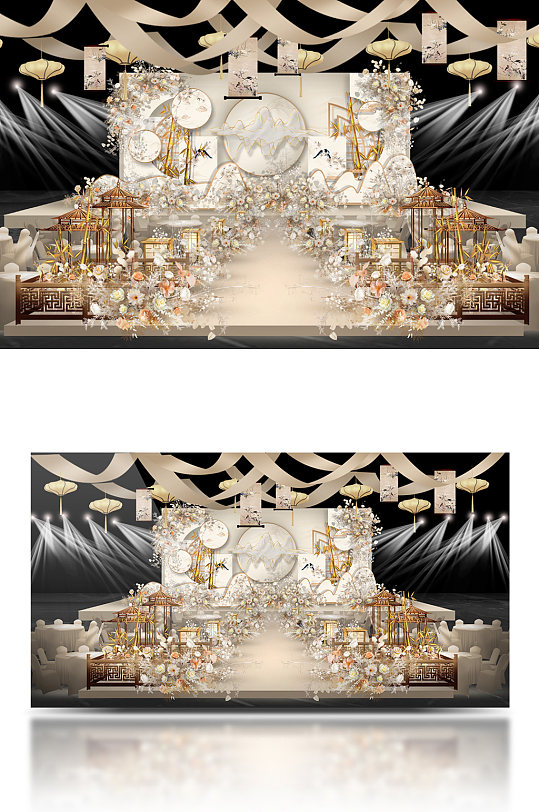 原创香槟色新中式婚礼舞台吊顶画卷效果图