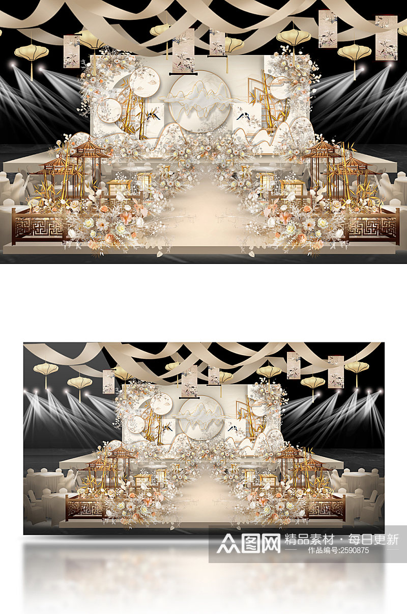 原创香槟色新中式婚礼舞台吊顶画卷效果图素材