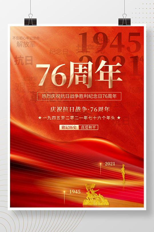 简约创意抗日战争胜利纪念日76周年海报