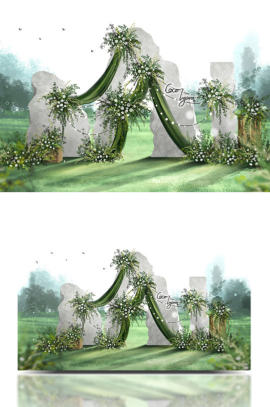 轻复古白绿小清新侘寂艺术风户外婚礼效果图