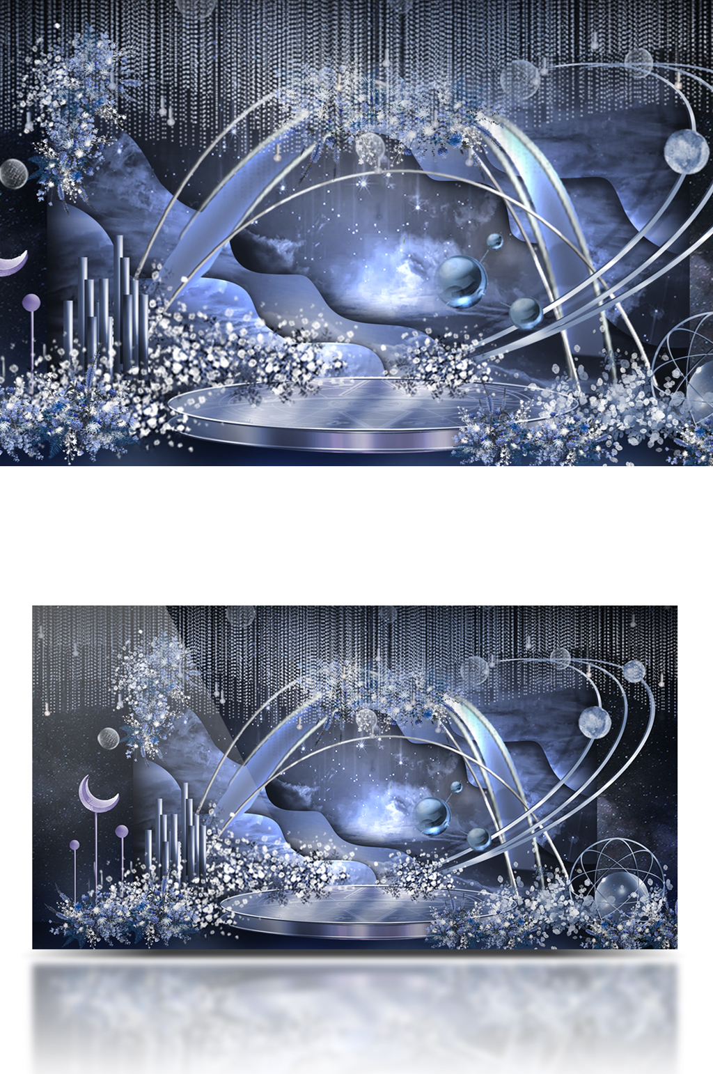 原創(chuàng)星空藍(lán)色婚禮迎賓區(qū)吊頂星球效果圖素材